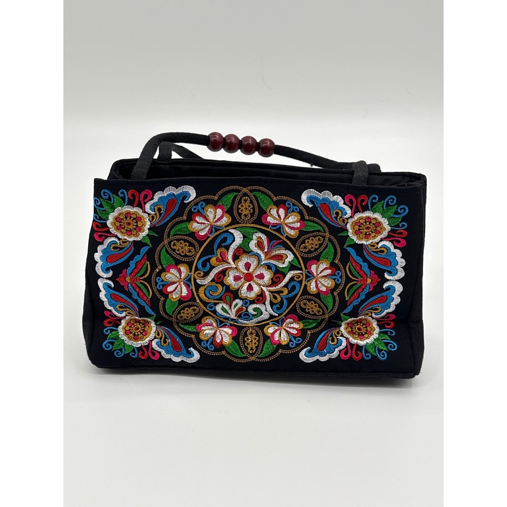 Boho Embroidered Floral Canvas Handbag Black with Wood Bead Handles